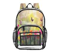Ttgoth Butterfly Tulips Clear Backpack Heavy Duty Stadium Approved Transparent Backpack See Through Bookbag with Multiple Pockets for School, Security, Work & Trave