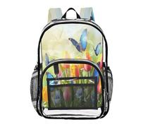 Ttgoth Butterfly Tulips Clear Backpack Heavy Duty Stadium Approved Transparent Backpack See Through Bookbag with Multiple Pockets for School, Security, Work & Trave