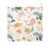 Ttgoth Cartoon Marine Animals Baby Muslin Washcloths, 3 Pack 4-Layer Cotton Face Towels with Hanging Loop, Soft Absorbent Wash Cloths for Newborns, 30 x 30 cm
