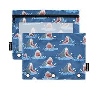 Ttgoth Cartoon Sharks Pencil Pouch for Binder 3 Ring 2PCS Pencil Pouches with Clear Window Zipper Pen Case Stationery Organiser Cosmetic Bag