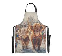 Ttgoth Christmas Highland Cows Bib Aprons for Women Men | Chef, Kitchen Apron with Adjustable Neck and Large Pockets for Cooking, Baking, Cafe, Gardening