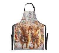Ttgoth Christmas Highland Cows Bib Aprons for Women Men | Chef, Kitchen Apron with Adjustable Neck and Large Pockets for Cooking, Baking, Cafe, Gardening