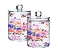 Ttgoth Colorful Flowers Qtip Holder Dispenser Acrylic Bathroom Jars 2 PCS Apothecary Jar Makeup Organizer for Cotton Pad, Bud, Swab, Ball