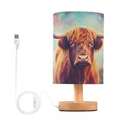 Ttgoth Colorful Highland Cow Bedside Table Lamp for Bedroom Small Nightstand Lamp LED Desk Lamp with USB Ports and Fabric Shade for Living Room, Dorm, Home, Office