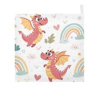Ttgoth Cute Dragon Baby Muslin Washcloths, 3 Pack 4-Layer Cotton Face Towels with Hanging Loop, Soft Absorbent Wash Cloths for Newborns, 30 x 30 cm