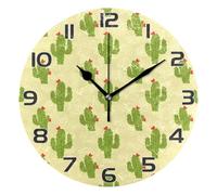 Ttgoth Cute Green Cacti Wall Clock Silent Non-Ticking Modern Decorative Round Wall Clock Battery Operated for Home Kitchen Living Room Office, 25x25 cm