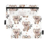 Ttgoth Cute Koala Pencil Pouch for Binder 3 Ring 2PCS Pencil Pouches with Clear Window Zipper Pen Case Stationery Organiser Cosmetic Bag