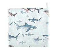 Ttgoth Cute Shark Baby Muslin Washcloths, 3 Pack 4-Layer Cotton Face Towels with Hanging Loop, Soft Absorbent Wash Cloths for Newborns, 30 x 30 cm