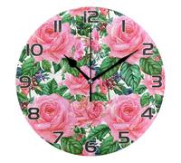 Ttgoth Floral Roses Wall Clock Silent Non-Ticking Modern Decorative Round Wall Clock Battery Operated for Home Kitchen Living Room Office, 25x25 cm