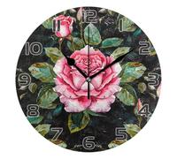 Ttgoth Floral Roses Wall Clock Silent Non-Ticking Modern Decorative Round Wall Clock Battery Operated for Home Kitchen Living Room Office, 25x25 cm