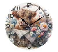Ttgoth Highland Cow Wall Clock Silent Non-Ticking Modern Wall Clock Decorative Round Wall Clock Battery Operated for Home Kitchen Living Room Office, 25x25 cm