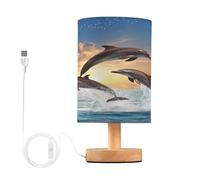 Ttgoth Leaping Dolphin Bedside Table Lamp for Bedroom LED Nightstand Lamp Desk Reading Light with USB Ports and Fabric Shade for Living Room Dorm Home Office