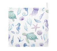 Ttgoth Ocean Animals Baby Muslin Washcloths, 3 Pack 4-Layer Cotton Face Towels with Hanging Loop, Soft Absorbent Wash Cloths for Newborns, 30 x 30 cm