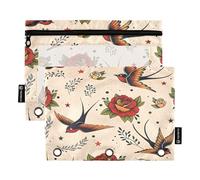 Ttgoth Old School Tattoo Pencil Pouch for 3 Ring Binder, Zipper Pencil Pouches Pencil Case with Clear Window, Storage Organizer for School and Office Supplies, 2 Pack