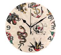 Ttgoth Old School Tattoo Wall Clock Silent Non-Ticking Modern Wall Clock Decorative Round Wall Clock Battery Operated for Home Kitchen Living Room Office, 10 Inch