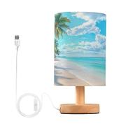 Ttgoth Palm Beach Bedside Table Lamp for Bedroom Small Nightstand Lamp LED Desk Lamp with USB Ports and Fabric Shade for Living Room, Dorm, Home, Office