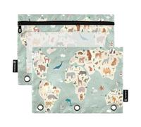Ttgoth Pencil Pouch for 3 Ring Binder Animals Maps Binder Pencil Pouch with Zipper Clear Window Pencil Case for Binder Cosmetic Bag, 2 Pack