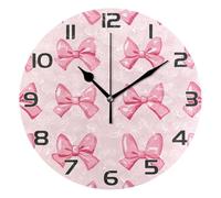 Ttgoth Pink Bows Wall Clock Silent Non-Ticking Modern Decorative Round Wall Clock Battery Operated for Home Kitchen Living Room Office, 25x25 cm