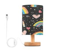 Ttgoth Rainbow Bedside Lamp LED Nightstand Lamp with USB Ports Desk Lamp Reading Light Bedroom Table Lamp with Fabric Shade and Wood Base for Office Dorm