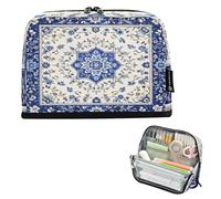 Ttgoth Standing Pencil Case Blue White Print Large Capacity Pencil Pouch Foldable Pen Bag Portable Stationery Storage Organiser for Desk School Office Supplies, 21 x 5 x 15 cm