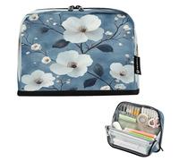 Ttgoth Standing Pencil Case White Flowers Large Capacity Pencil Pouch Foldable Pen Bag Portable Stationery Storage Organizer for Desk School Office Supplies, 21 x 5 x 15 cm