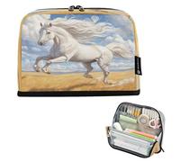 Ttgoth Standing Pencil Case White Horse Large Capacity Pencil Pouch Foldable Pen Bag Portable Stationery Storage Organizer for Desk School Office Supplies, 21 x 5 x 15 cm