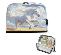 Ttgoth Standing Pencil Case White Horse Large Capacity Pencil Pouch Foldable Pen Bag Portable Stationery Storage Organizer for Desk School Office Supplies, 21 x 5 x 15 cm