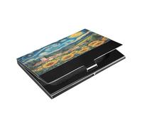 Ttgoth Starry Sky Villages Business Card Holder for Men Women PU Leather & Stainless Steel Name Card Case Pocket Wallet ID Case for Travel and Work