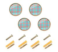 Ttgoth Summer Plaid Print Cabinet Knobs 32 mm Round Drawer Knobs 4 PCS Kitchen Cupboard Door Pull Handles Decorative Furniture Hardware