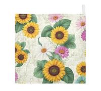Ttgoth Sunflowers Baby Muslin Washcloths, 5 Pack 4-Layer Cotton Face Towels with Hanging Loop, Soft Absorbent Wash Cloths for Newborns, 30 x 30 cm