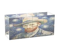 Ttgoth Van Gogh Starry Night Acrylic Pencil Holder for Desk 4 Compartments Pen Pot Makeup Brushes Holder Stationary Organiser for School Office Supplies, 20x6.3x9cm