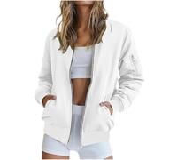 TTHVYE Ladies Bomber Jackets Women Casual Coats Zipper Pockets Stand Collar Tops Women's Long Sleeve Outerwear Solid Color Slim Fit Breathable Cozy Fabric Outdoor Athletic Trekking White XL
