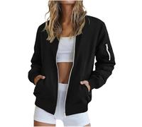 TTHVYE Women Bomber Jackets Ladies Casual Coats Long Sleeve Ribbed Cuffs Women's Windproof Overcoat Solid Color Slim Fit Tops Breathable Fabric Zip Pocket Vintage Outdoor Trekking Climbing Black L