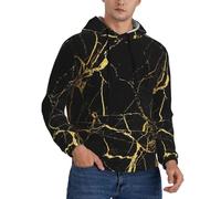 TTIGLHOH Black Gold Marble Printed Casual Graphic Hoodies For Men, Stylish Drawstring Long Sleeve Pullover Sweatshirt With Pocket