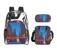TTIGLHOH Chicago Night Printed 3-Piece Clear Bag Set for Kids, Transparent Bookbag with Insulated Lunch Tote Included