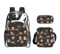 TTIGLHOH Cute Brown Cartoon Owls Printed 3-Piece Clear Bag Set for Kids, Transparent Bookbag with Insulated Lunch Tote Included