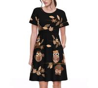 TTIGLHOH Cute Brown Cartoon Owls Women's Summer Casual T-Shirt Swing Dress for Dinner, Evening Out Short Sleeve with Pockets