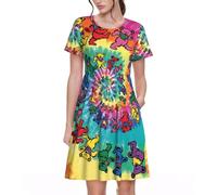 TTIGLHOH Dancing Thanksgiving Bear Women's Summer Casual T-Shirt Swing Dress for Dinner, Evening Out Short Sleeve with Pockets Black