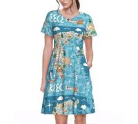 TTIGLHOH Greece Map Women's Summer Casual T-Shirt Swing Dress for Dinner, Evening Out Short Sleeve with Pockets Black