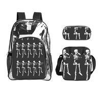 TTIGLHOH Halloween Posable Skeleton Skull Printed 3-Piece Clear Bag Set for Kids, Transparent Bookbag with Insulated Lunch Tote Included