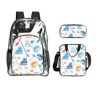 TTIGLHOH Hockey Elements Creative Patterned Printed 3-Piece Clear Bag Set for Kids, Transparent Bookbag with Insulated Lunch Tote Included