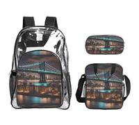 TTIGLHOH New York Manhattan Bridge Night Printed 3-Piece Clear Bag Set for Kids, Transparent Bookbag with Insulated Lunch Tote Included