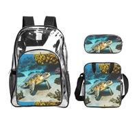 TTIGLHOH Sea Turtle Printed 3-Piece Clear Bag Set for Kids, Transparent Bookbag with Insulated Lunch Tote Included