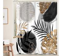 Ttincceer 180x180cm Abstract Plant Leaf Shower Curtain Set, Black Gold Palm Monstera Leaf Bathroom Curtain Abstract Tropical Plant Shower Curtains Washable Bathtub Curtain