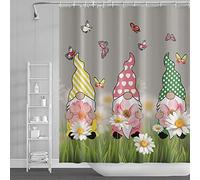 Ttincceer 180x180cm Gnome Shower Curtain Colorful Dwarf Grass Flower Bathroom Curtain Spring Summer Plant Butterfly Shower Curtains Waterproof Bathtub Curtain with Hook
