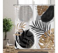 Ttincceer 180x200cm Abstract Plant Leaf Shower Curtain Set, Black Gold Palm Monstera Leaf Bathroom Curtain Abstract Tropical Plant Shower Curtains Washable Bathtub Curtain