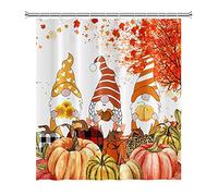 Ttincceer 180x200cm Fall Gnome Shower Curtain Thanksgiving Colored Pumpkin Gnome Bathroom Curtain Red Maple Leaf Fallen Shower Curtains Waterproof Bathtub Curtain