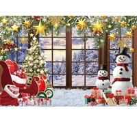 Ttincceer 2.2x1.5m Christmas Backdrop Winter Snow Forest Outside Window Snowman Photography Background Fir Branches Gold Star Ornaments New Year Eve Photo Banner Kids Adult Portrait Shot Prop
