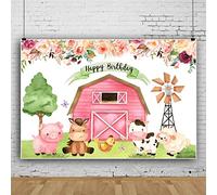 Ttincceer 220x150cm Happy Birthday Backdrop Animal Farm Pink Farmhouse Photography Background Cartoon Pig Milk Cow Goat Photography Backdrop Baby Shower Decoration Banner