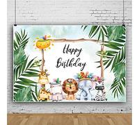 Ttincceer 220x150cm Happy Birthday Backdrop Primitive Times Jungle Animals Photography Background Tropical Plants Green Palm Leaves Photography Backdrop Baby Shower Decor Banner
